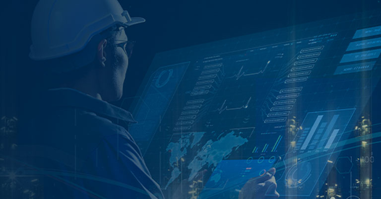 Image of a man wearing a hard hat looking at a monitor with lots of data on it. There is a dark blue overlay on top of the image
