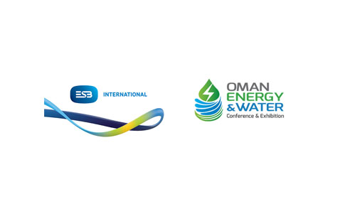 Image of the ESB International logo and ribbon and the Oman Energy and Water Conference logo side by side on a white background