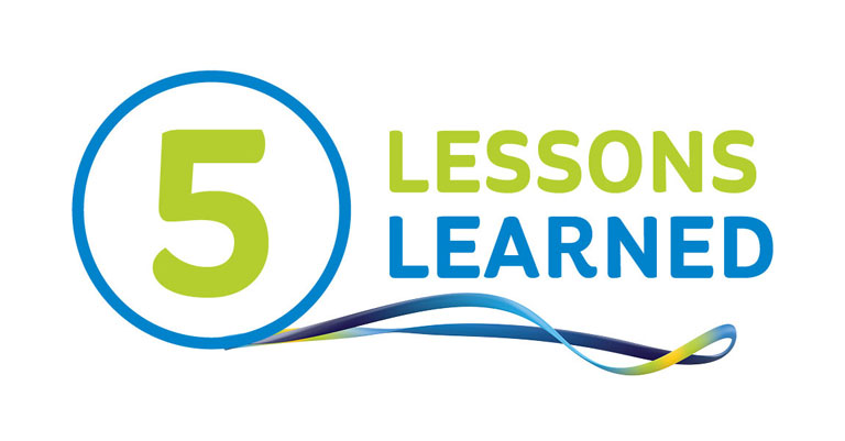 Image showing a large number 5 with a circle around it. The words lessons learned are next to it with a ribbon graphic below