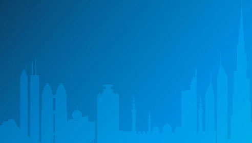 Blue illustration of city skyline