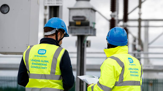specialist-services-staggard-card Image of the backs of two men on a site wearing hard hats and high vis jackets with the ESB International logo on it